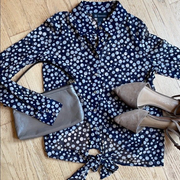 INC Navy Sheer Long Sleeve Tie Top - Picture 1 of 8